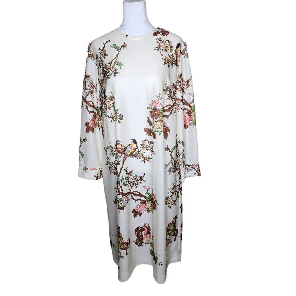 Vintage 70s Hostess Shift Dress Womens Size XL White Birds Flowers Hippie Boho